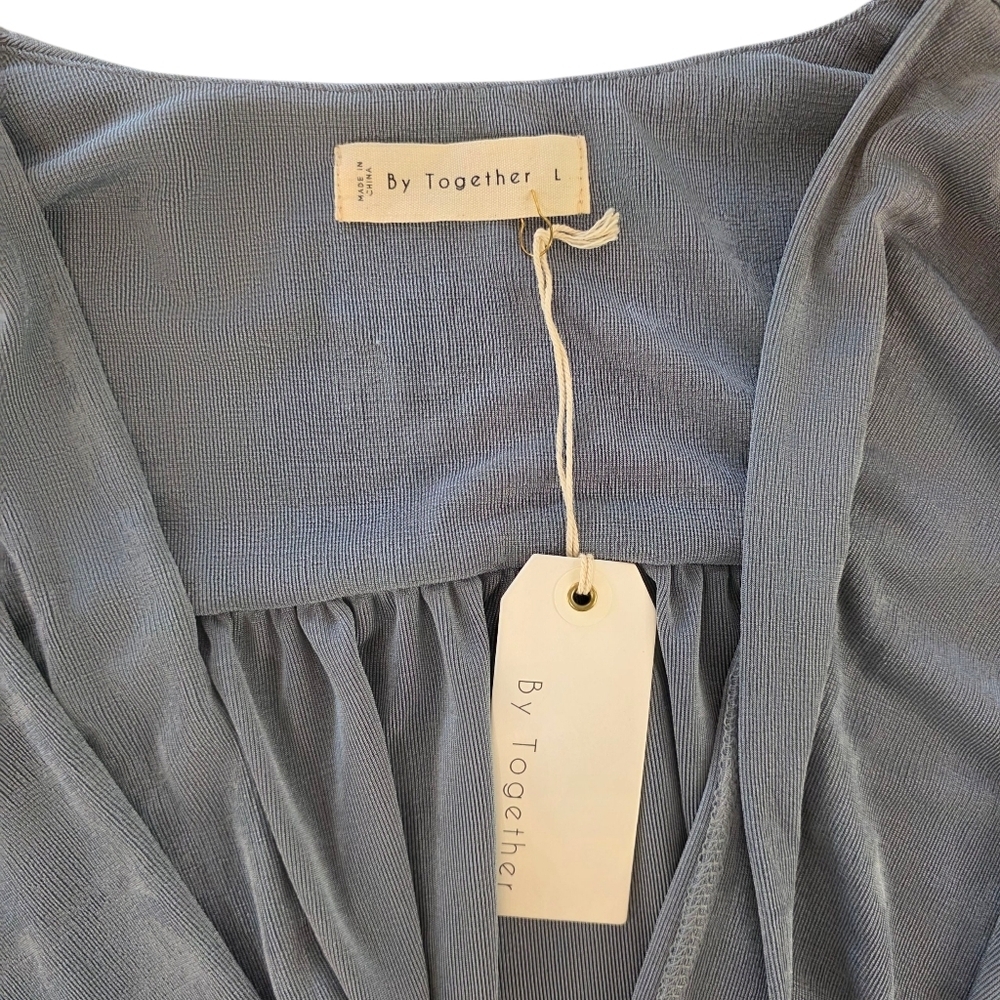 By Together Gray Silver Shimmer Slinky Wrap Bodysuit Long Sleeve Sheer Size L - Picture 2 of 6